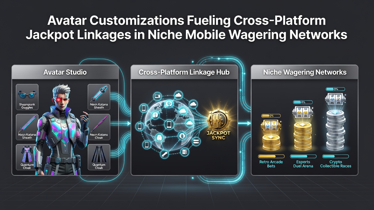 Illustration von vernetzten mobilen Wettplattformen mit Avatar-Elementen und Jackpot-Verknüpfungen