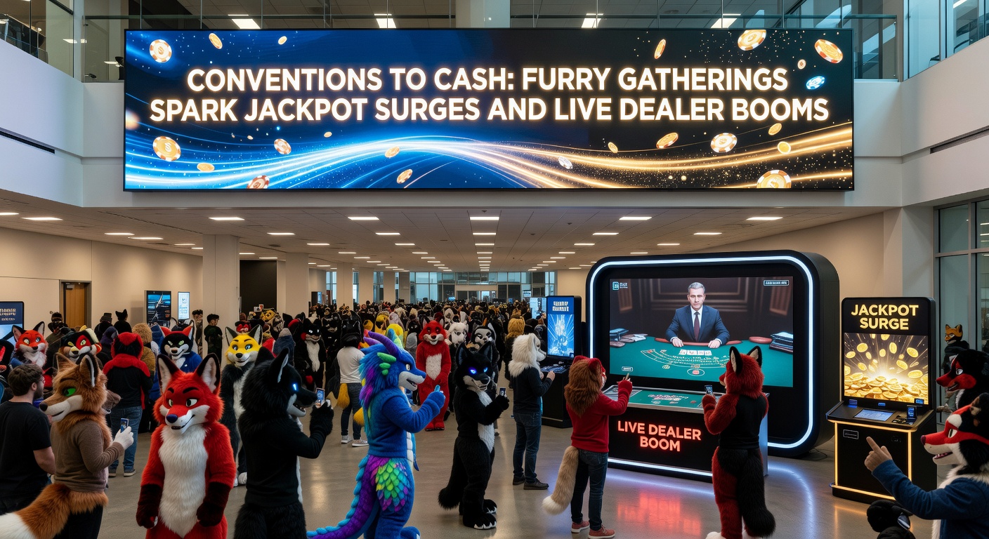 Detaillierte Szene eines Live-Dealer-Tisches in einem Online-Casino, umgeben von Furry-Avataren, die virtuell wetten, mit Jackpot-Zählern im Hintergrund