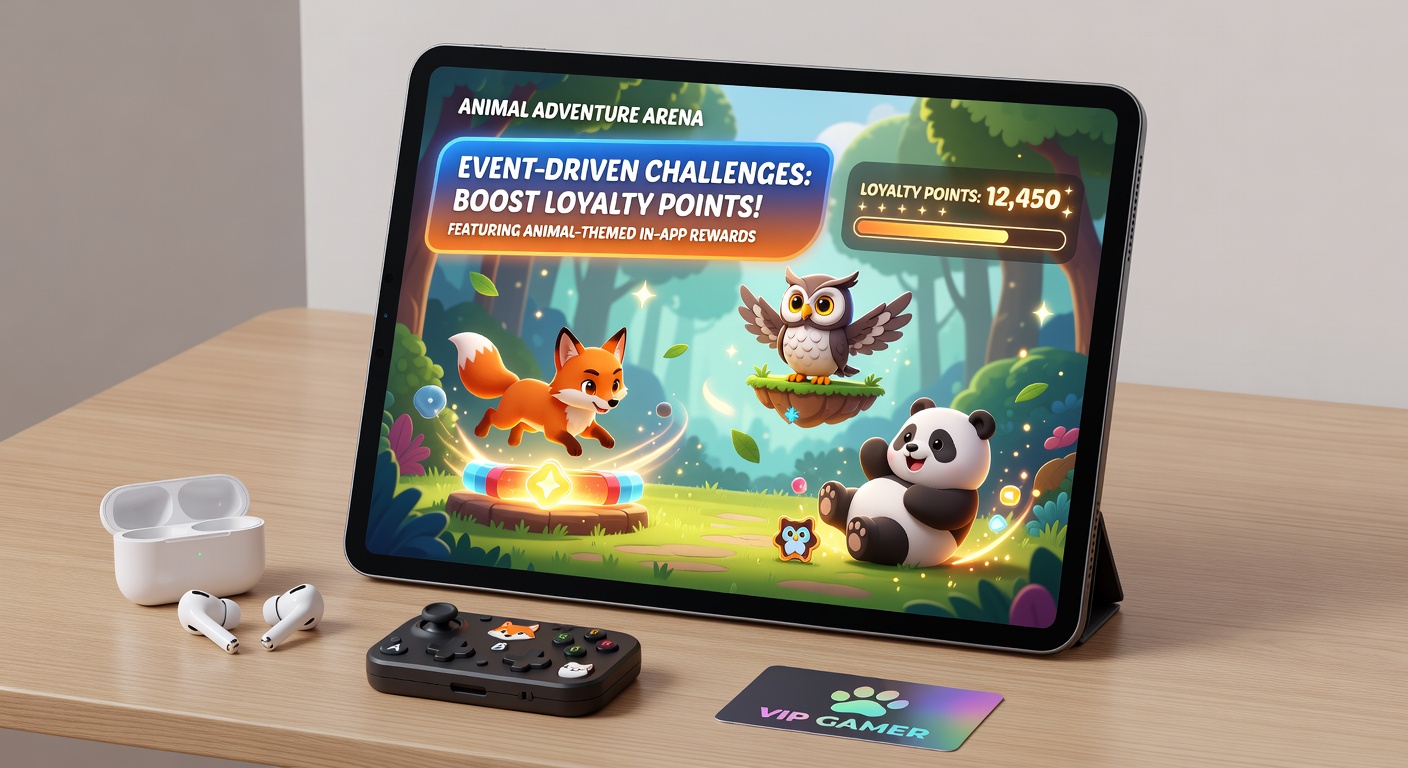 Detailansicht einer animalisch gestalteten Gaming-App mit Loyalty-Punkte-Anzeige und Event-Herausforderungen